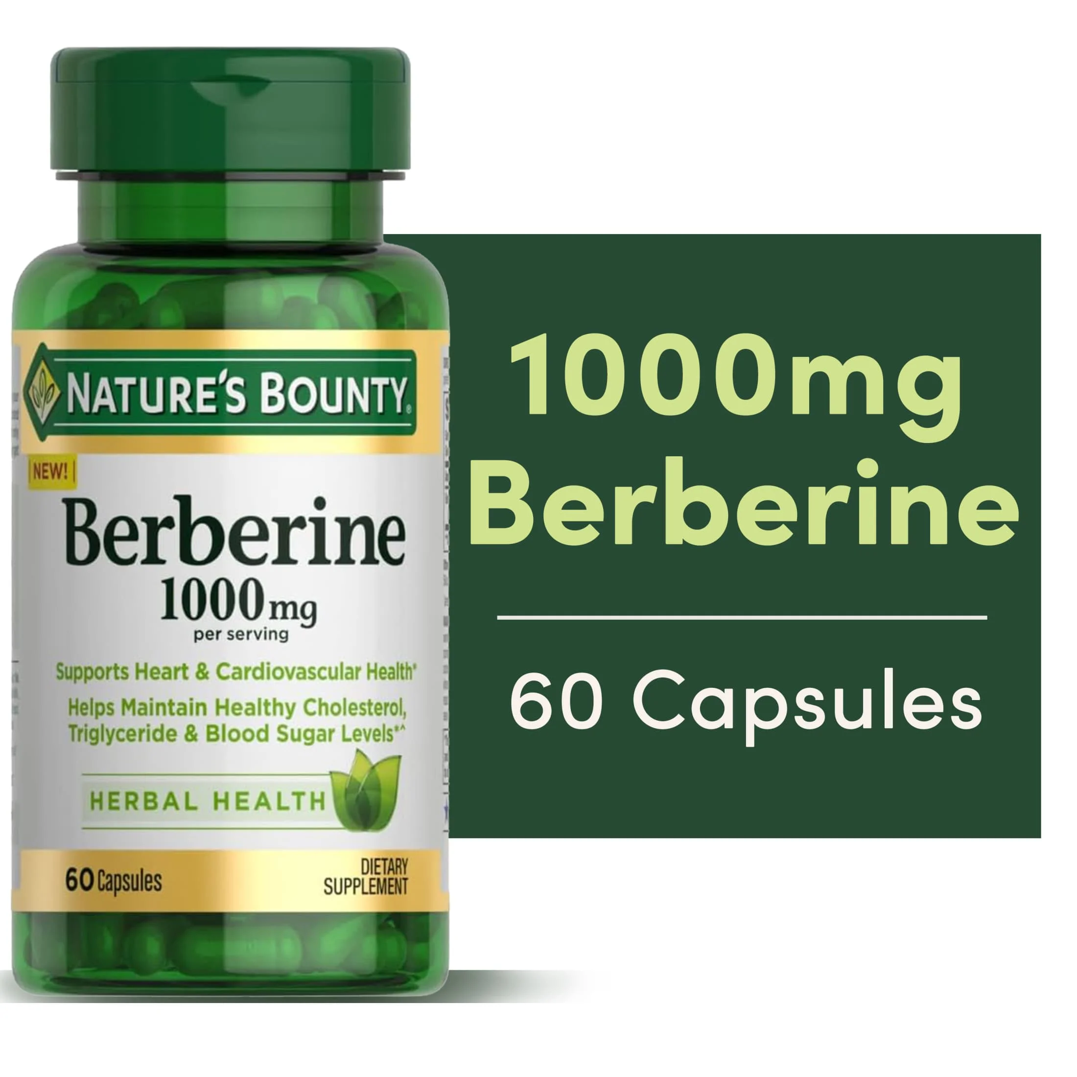 Nature's Bounty Berberine 1000mg Capsules, Supports Heart Health, Cholesterol & Blood Sugar Levels in a Normal Range, Non-GMO Supplement, 60 Count