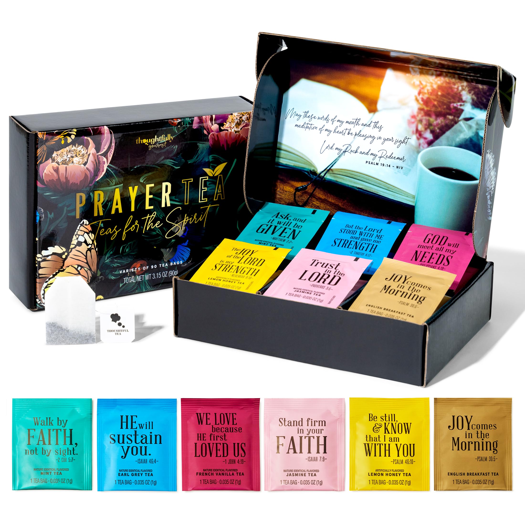 Thoughtfully Gourmet Assorted Tea Bags, Tea Affirmations Christian Prayer Gift Set, Set of 90
